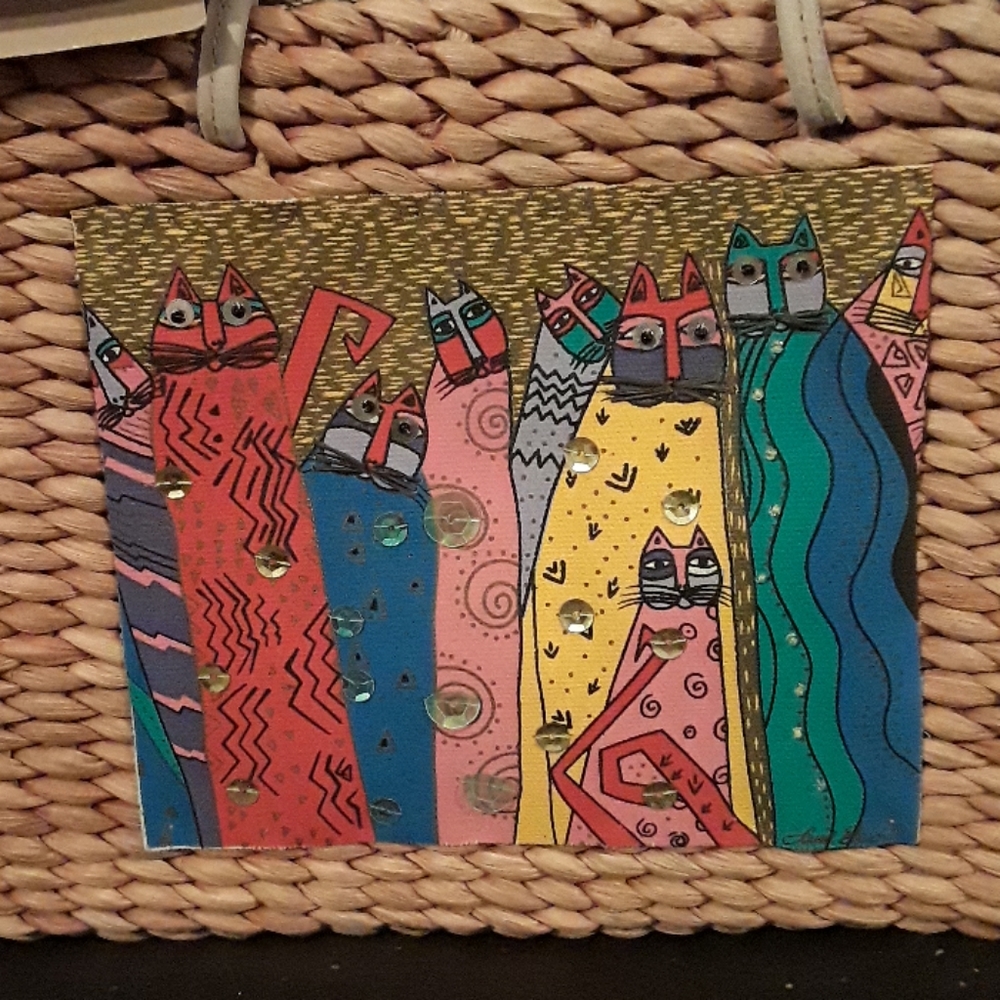 Sand n Sun Wicker Woven Lauren Burch Cat Purse NWT